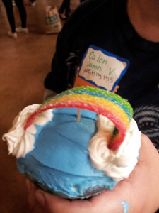 Transgender nametag has pronouns below the name on a rainbow cupcake